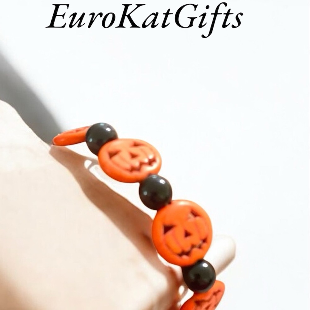Beaded 8mm Pumpkin Bracelet Orange Black Strechy Fall Jewelry NEW Hand Crafted